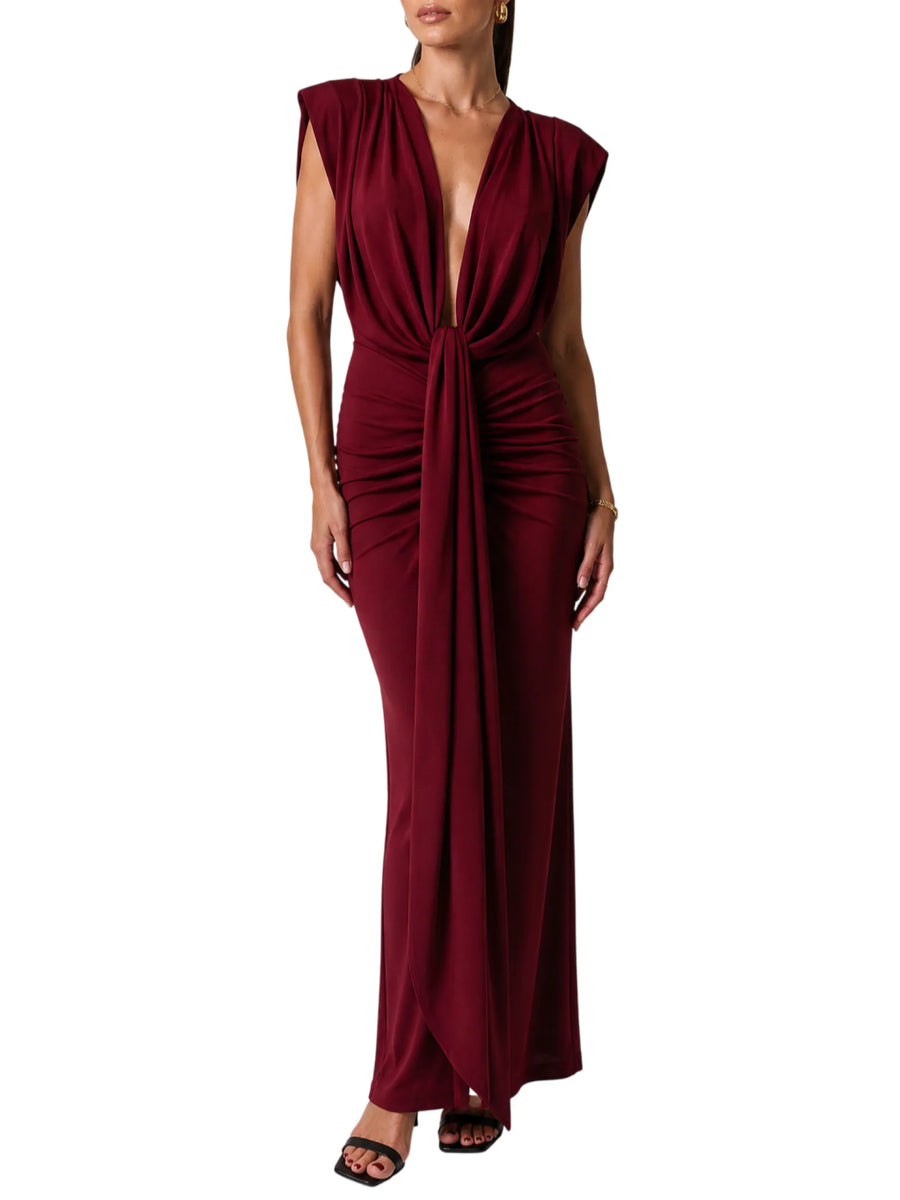 Vicolo abito lungo drappeggiato con scollo profondo bordeaux