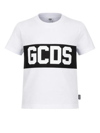 GCDS T-shirt bambino con banda logo bianco nero