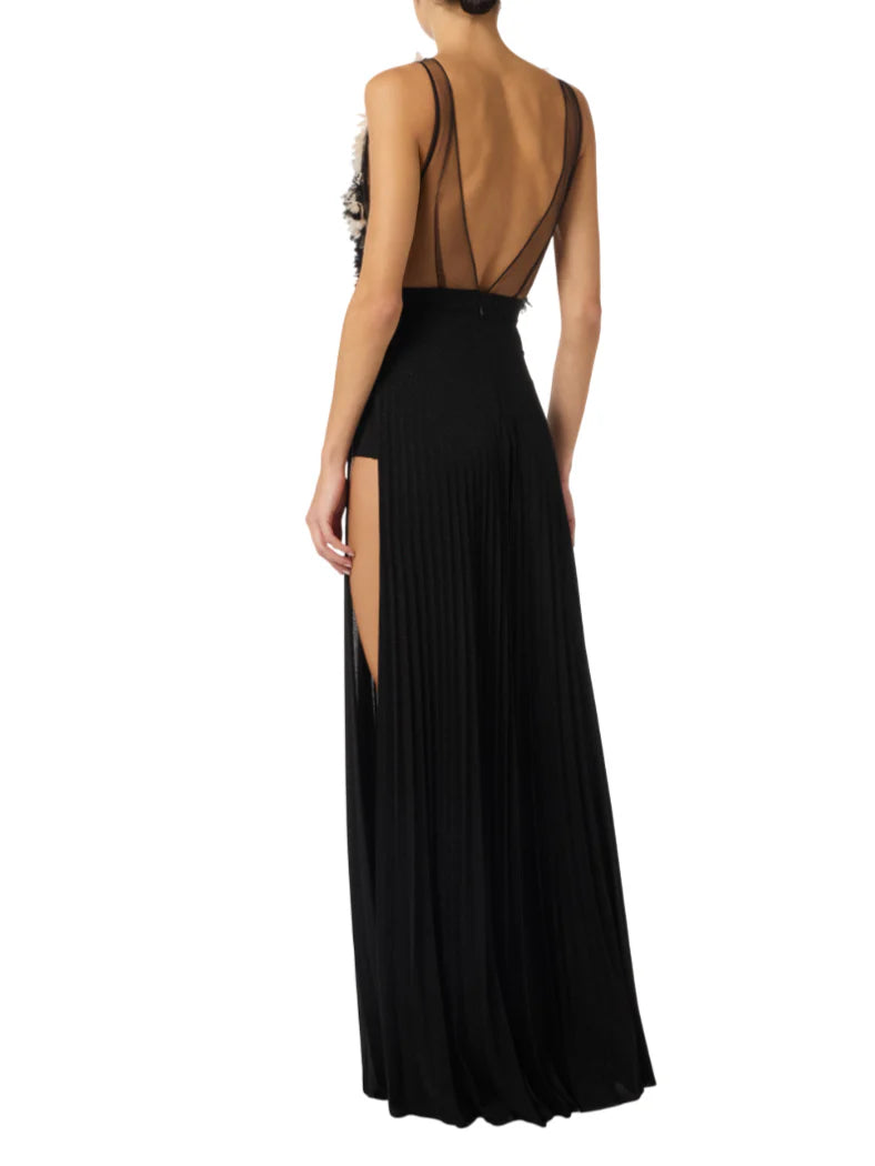 Elisabetta Franchi abito lungo plissè Red Carpet con petali nero