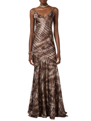 Elisabetta Franchi abito lungo satin con stampa alligatore marrone