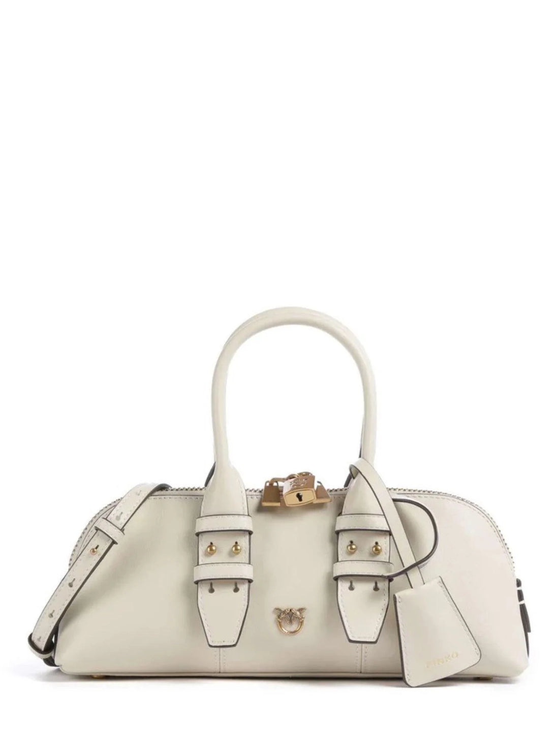 Pinko borsa Bowling Bag Horizontal in pelle panna oro