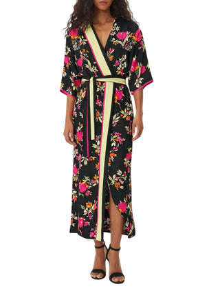 Simona Corsellini abito midi kimono in fantasia floreale nero