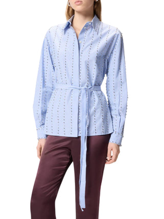 Pinko camicia Carley a righe con strass e cinta celeste bianco