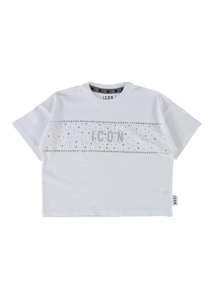 Icon T-shirt bambina manica corta con logo strass bianco