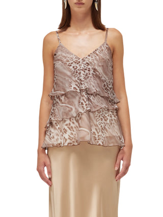 Blugirl top con balze chiffon animalier beige