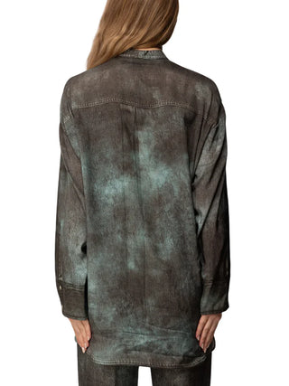 Pinko camicia donna in viscosa stampa Trompe oeil lavaggio denim