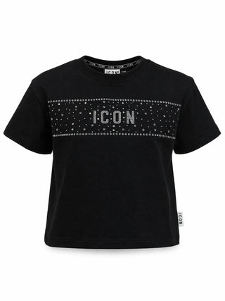 Icon T-shirt bambina manica corta con logo strass nero