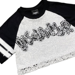 Disclaimer T-shirt crop bambina con pizzo nero bianco