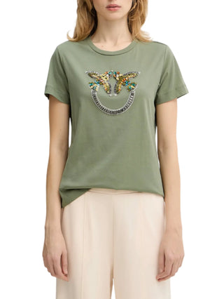 Pinko T-shirt Quentin con logo Love Birds gioiello verde