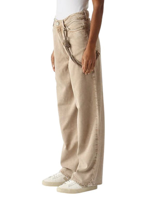 Pinko jeans wide leg Lauryn con catena gioiello beige