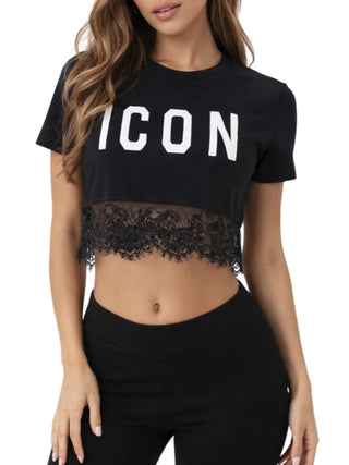 Icon T-shirt crop donna con pizzo nero