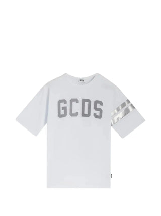 GCDS T-shirt bambino con logo catarifrangente bianco argento
