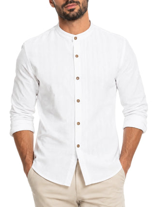 Yes Zee camicia alla coreana misto lino uomo bianco