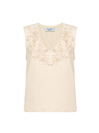 Blugirl T-shirt smanicata con ricami floreali beige chiaro