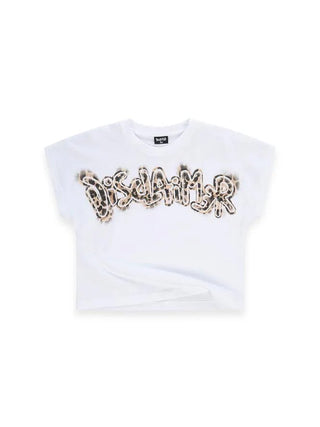Disclaimer T-shirt crop bambina con logo animalier bianco
