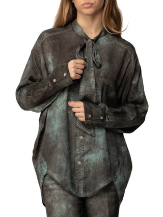 Pinko camicia donna in viscosa stampa Trompe oeil lavaggio denim