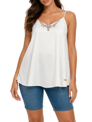 Yes Zee top in raso con dettagli gioiello panna