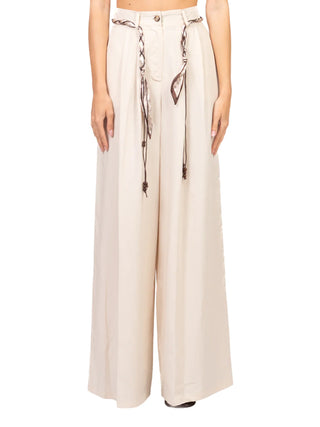 Vicolo pantaloni palazzo donna misto lino con foulard ecrù