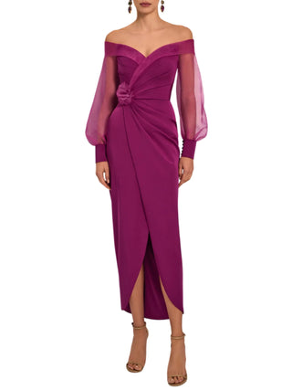 Marfil abito cerimonia con maniche in organza magenta