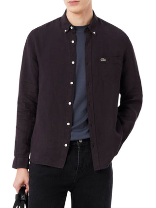 Lacoste camicia in lino uomo con tasca marrone