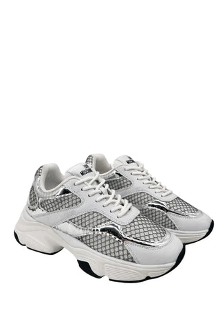 Love Moschino sneakers in mesh ed ecopelle laminata bianco argento