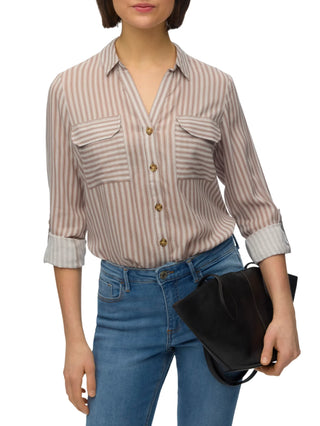 Vero Moda camicia donna a righe con tasconi tortora bianco