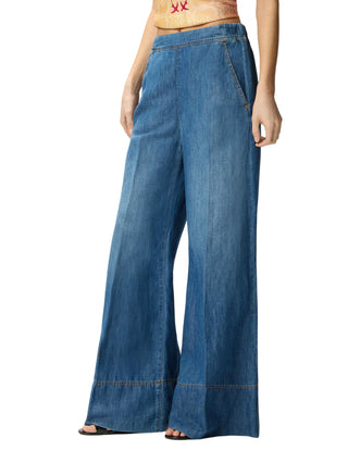 Pinko jeans misto lino Spiaggia wide leg lavaggio blu