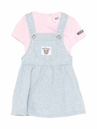 Moschino completo neonata T-shirt e salopette rosa celeste