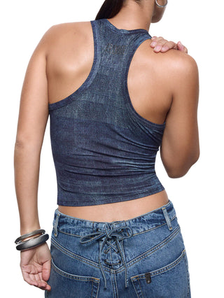 Liu Jo top donna in tessuto stretch effetto denim lavaggio blu