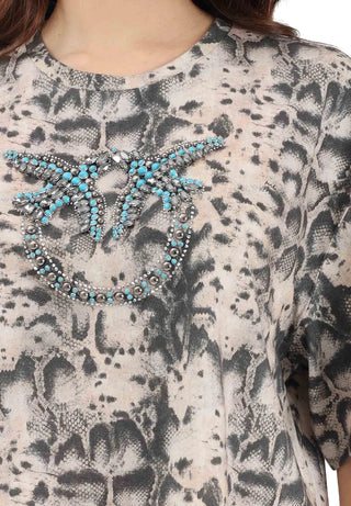 Pinko T-shirt Terni stampa pitonata con logo gioiello beige nero