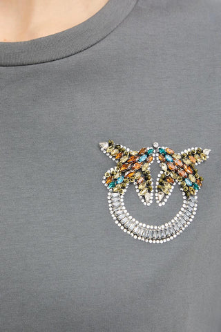 Pinko T-shirt manica corta con logo strass Strepitoso grigio
