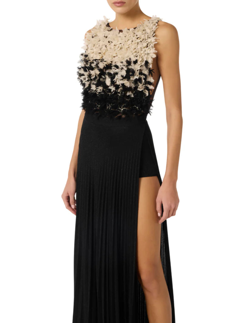 Elisabetta Franchi abito lungo plissè Red Carpet con petali nero