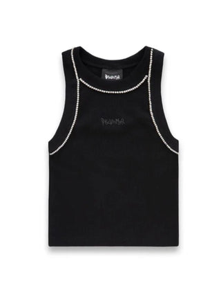Disclaimer top crop a costine con strass nero