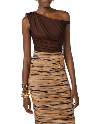 Elisabetta Franchi body monospalla in jersey drappeggiato marrone