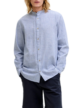 Jack&Jones camicia alla coreana misto lino a righe bianco azzurro