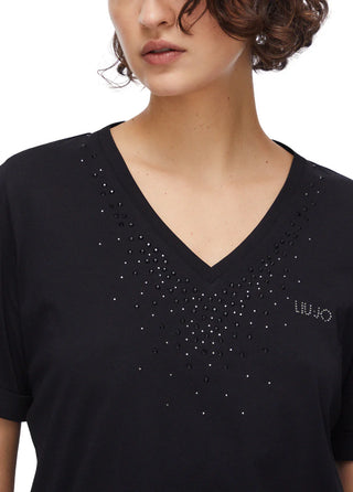 Liu Jo T-shirt scollo a V con strass nero