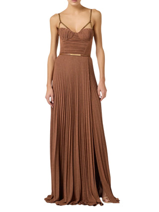 Elisabetta Franchi abito lungo in jersey lurex plissè marrone