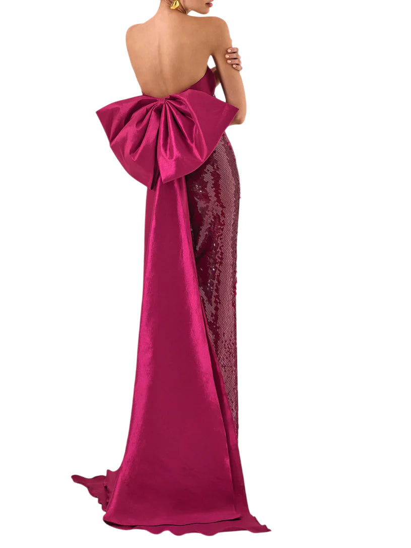 Marfil abito cerimonia con paillettes e fiocco magenta