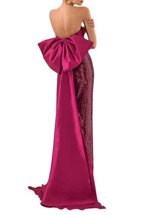 Marfil abito cerimonia con paillettes e fiocco magenta