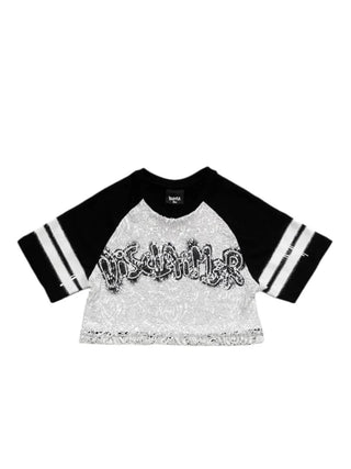 Disclaimer T-shirt crop bambina con pizzo nero bianco