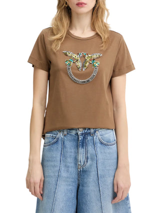 Pinko T-shirt Quentin con logo Love Birds gioiello marrone