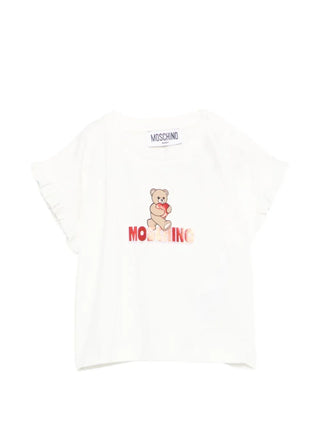 Moschino T-shirt manica corta con rouches stampa orsetto panna