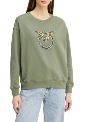 Pinko felpa Nelly con ricamo Love Birds gioiello verde