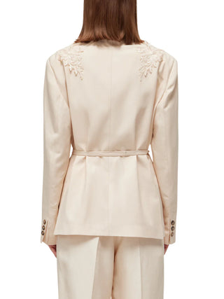 Blugirl giacca blazer doppiopetto misto lino con ricami rosa cipria