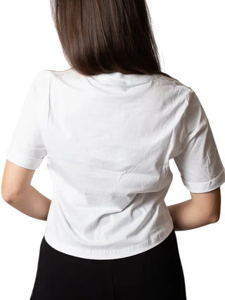 Disclaimer T-shirt crop donna con logo strass bianco