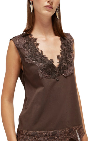 Blugirl T-shirt smanicata con ricami floreali marrone