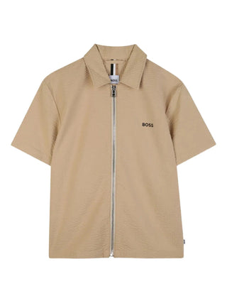 Boss camicia bambino con zip in cotone martellato beige