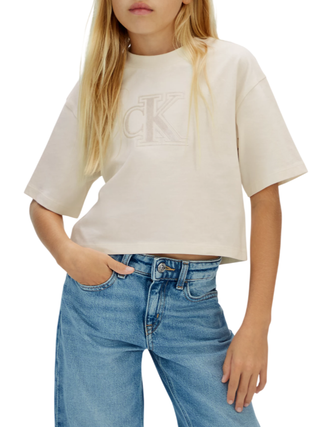 Calvin Klein Jeans T-shirt crop con logo velvet ecrù