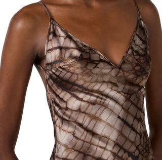 Elisabetta Franchi abito lungo satin con stampa alligatore marrone