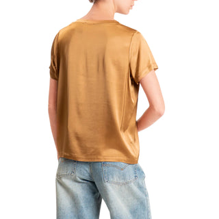 Vicolo T-shirt donna in raso manica corta marrone caramello